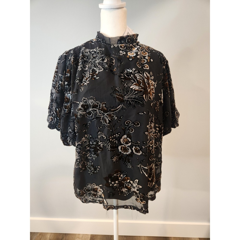 Koko + Mason Blouse Womens Black Brown New Floral Burnout Velvet Top Large T2753